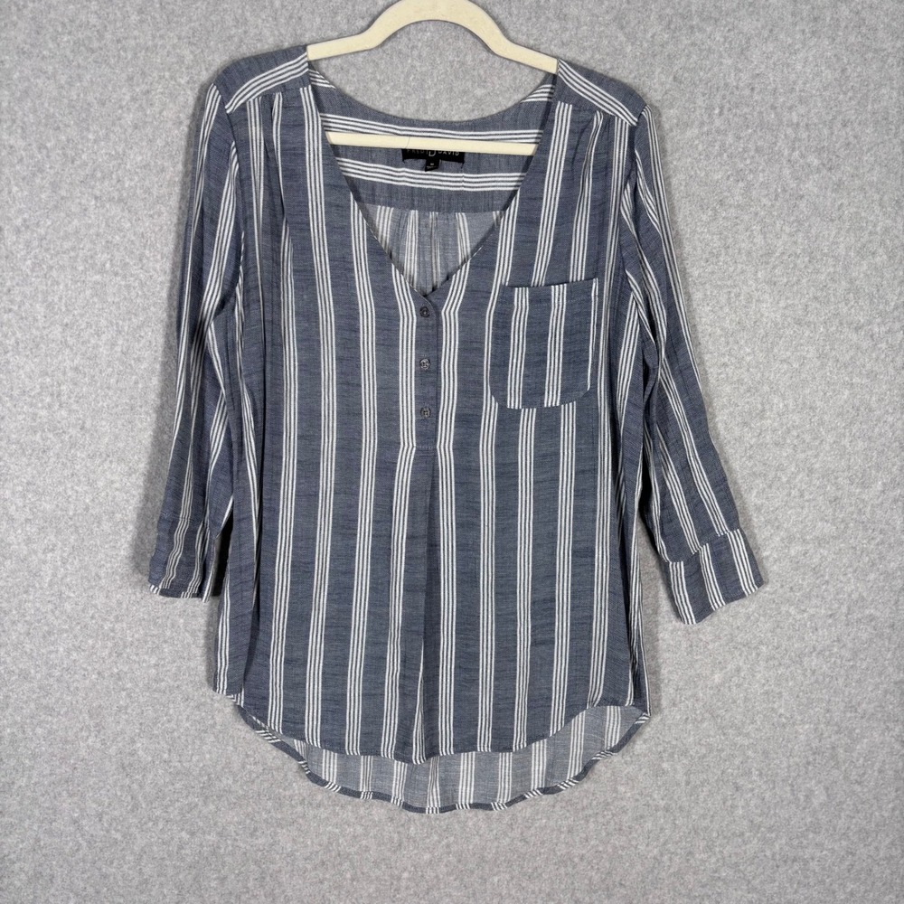 Fred David Tunic Top Medium Blue Gray White‎ Striped Popover Preppy Nautical